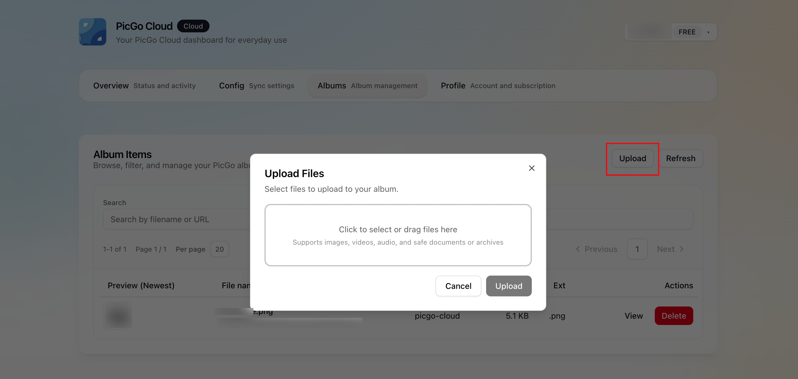 cloud album upload button
